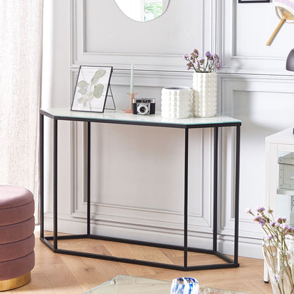 Marble Effect Console Table Tempered Glass Black Metal Legs
