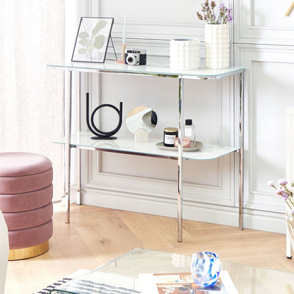 Console Table White Silver Tempered Glass Marble Effect 100 X 35cm Modern Living Room