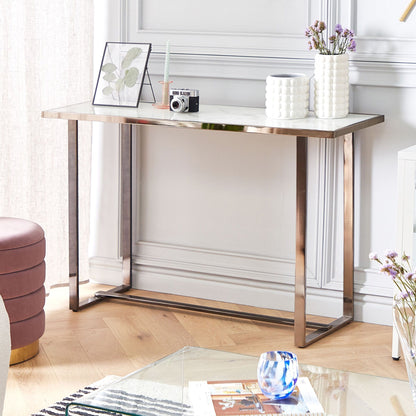 Modern Console Table White Silver Tempered Glass Marble Finish 120 X 40cm Elegant Hallway Accent