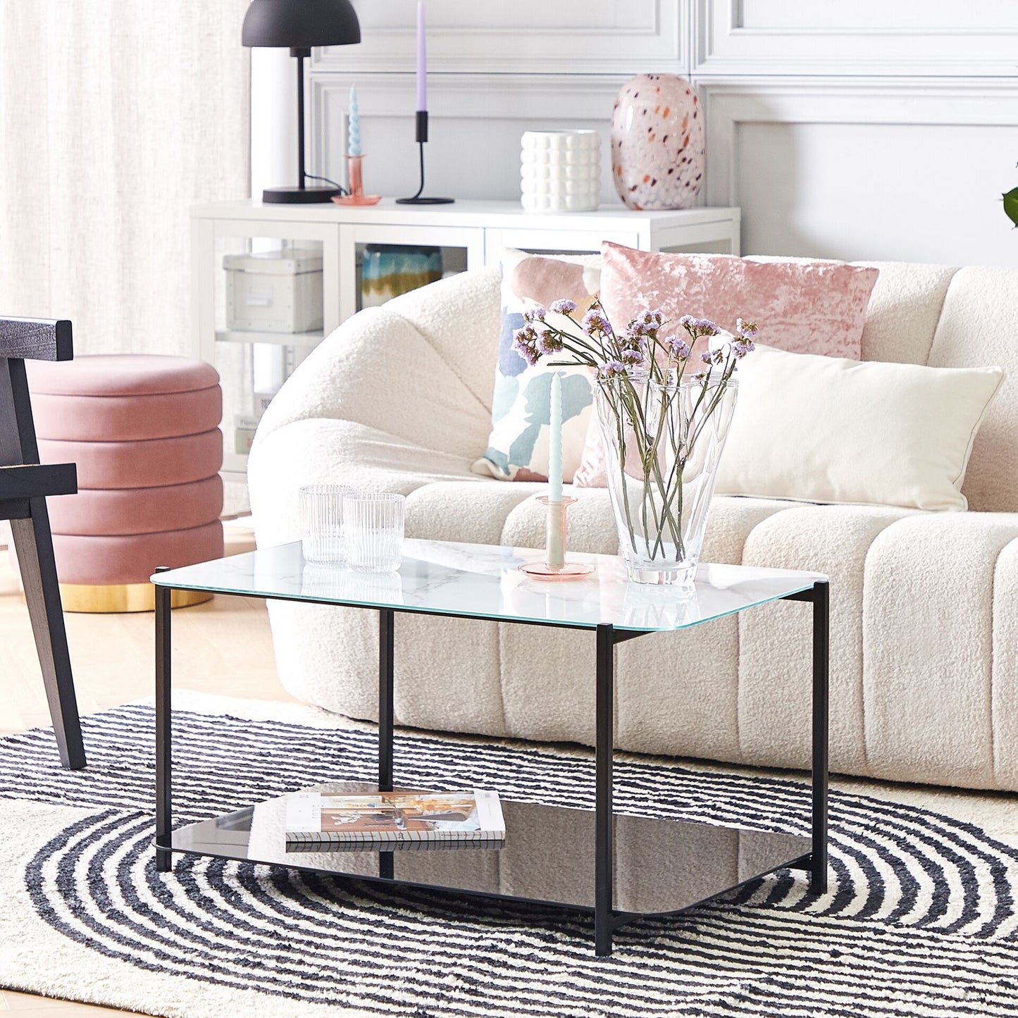 Modern Coffee Table White And Black Steel Glass 77 By 47cm Marble Effect Tempered Glass Top