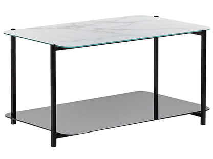 Modern Coffee Table White And Black Steel Glass 77 By 47cm Marble Effect Tempered Glass Top