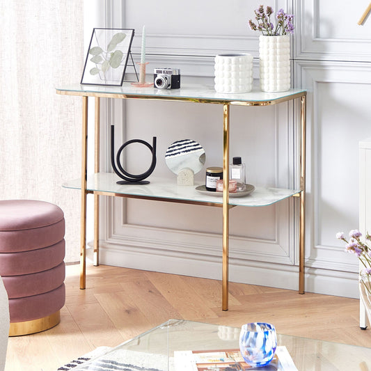 Console Table White Gold Tempered Glass And Steel 100 x 35cm Marble Effect Modern