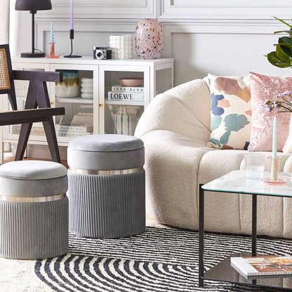 Velvet Pouffes Set Of 2 Light Grey With Glossy Metal Bands And Hidden Storage
