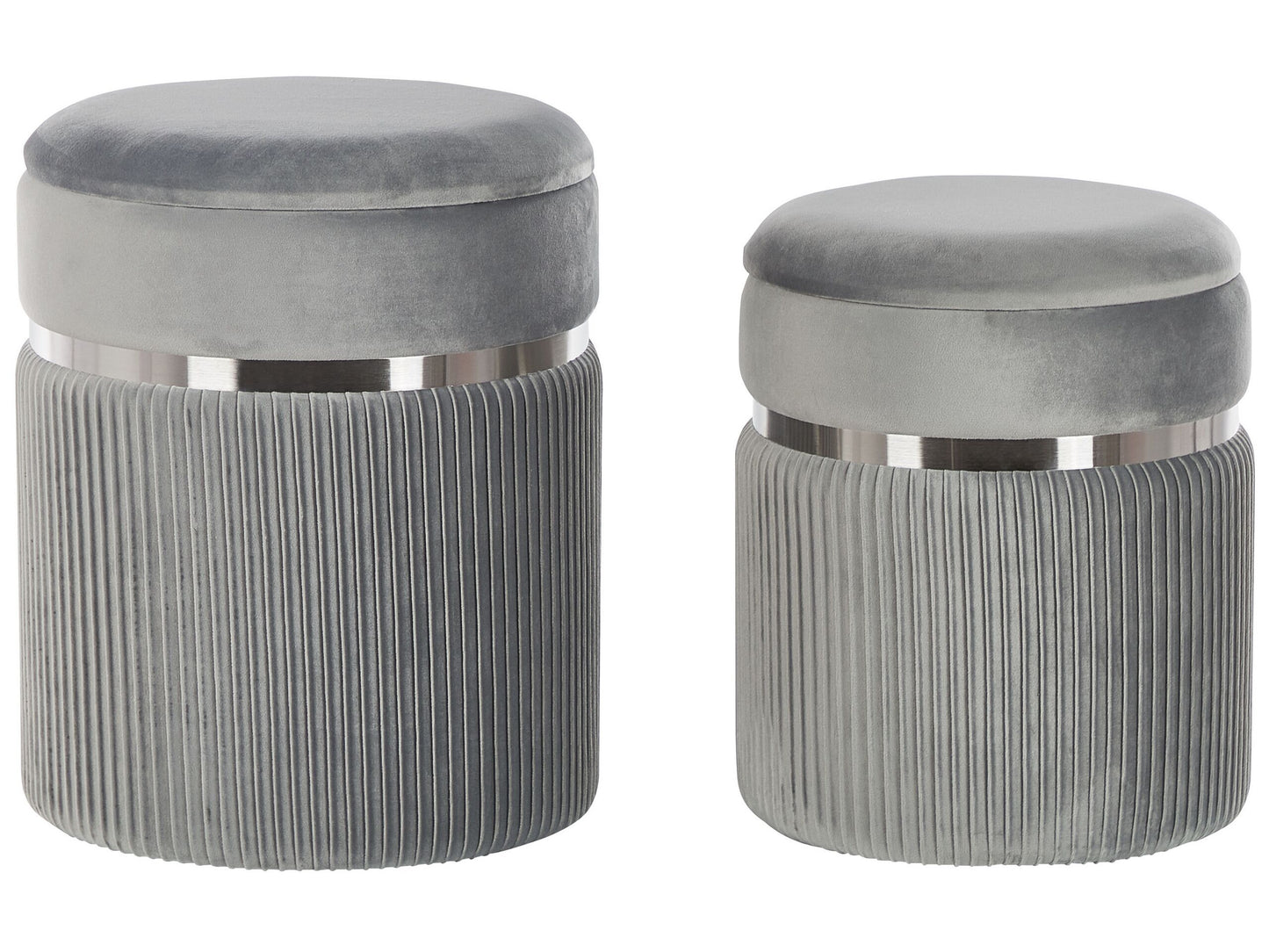 Velvet Pouffes Set Of 2 Light Grey With Glossy Metal Bands And Hidden Storage