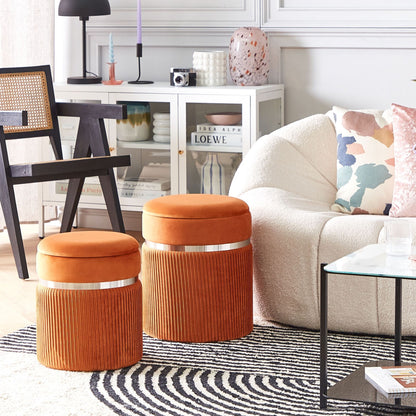 Orange Velvet Pouffe Set Of 2 With Glamour Metal Band Detailing And Hidden Storage Lid