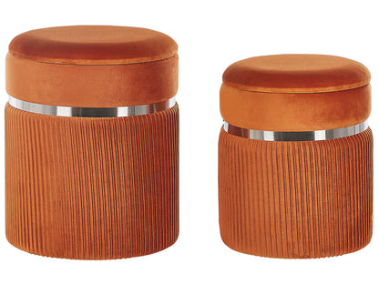 Orange Velvet Pouffe Set Of 2 With Glamour Metal Band Detailing And Hidden Storage Lid