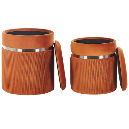 Orange Velvet Pouffe Set Of 2 With Glamour Metal Band Detailing And Hidden Storage Lid