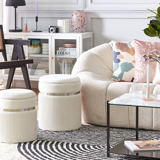 Off White Velvet Poufs Set Of 2 With Metal Bands And Storage