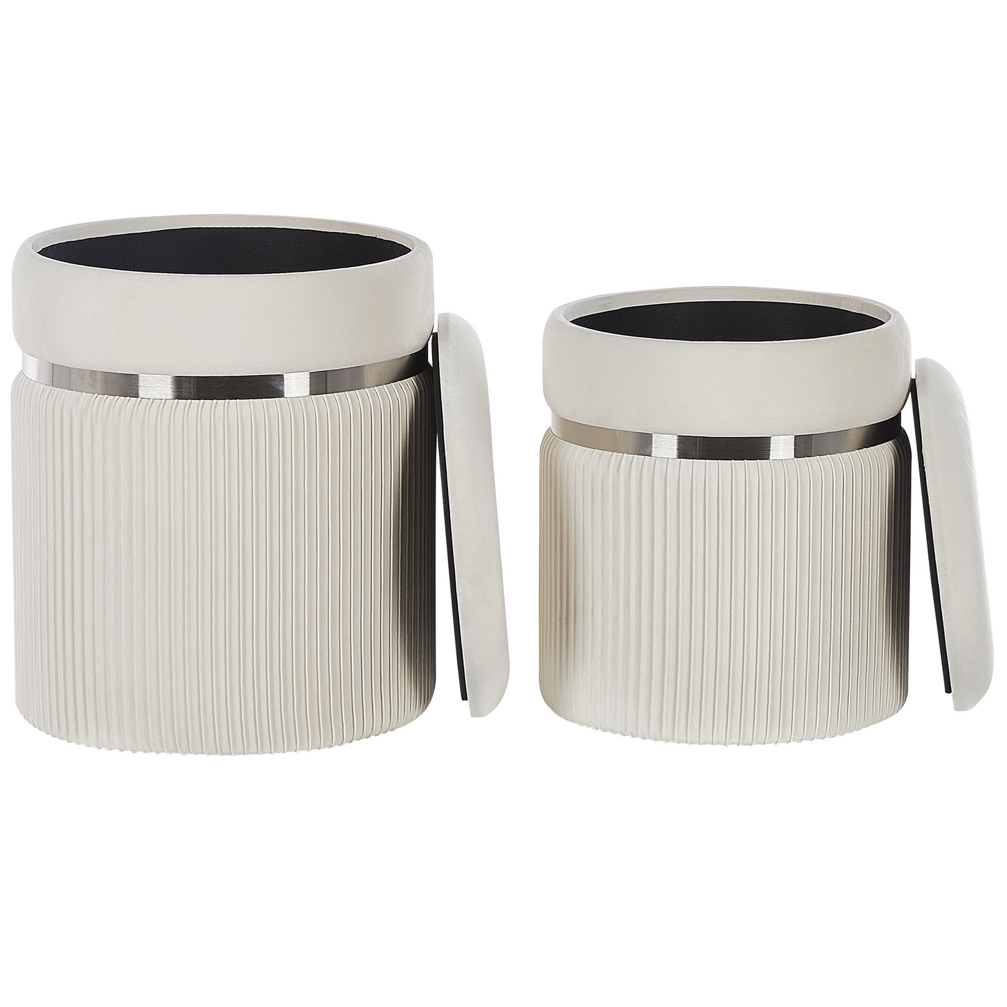 Off White Velvet Poufs Set Of 2 With Metal Bands And Storage