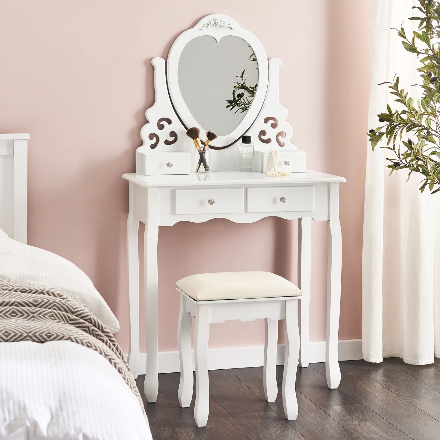 Glam Design Dressing Table White MDF Solid Wood 138 x 74 cm With 4 Drawers And Crystal Handles