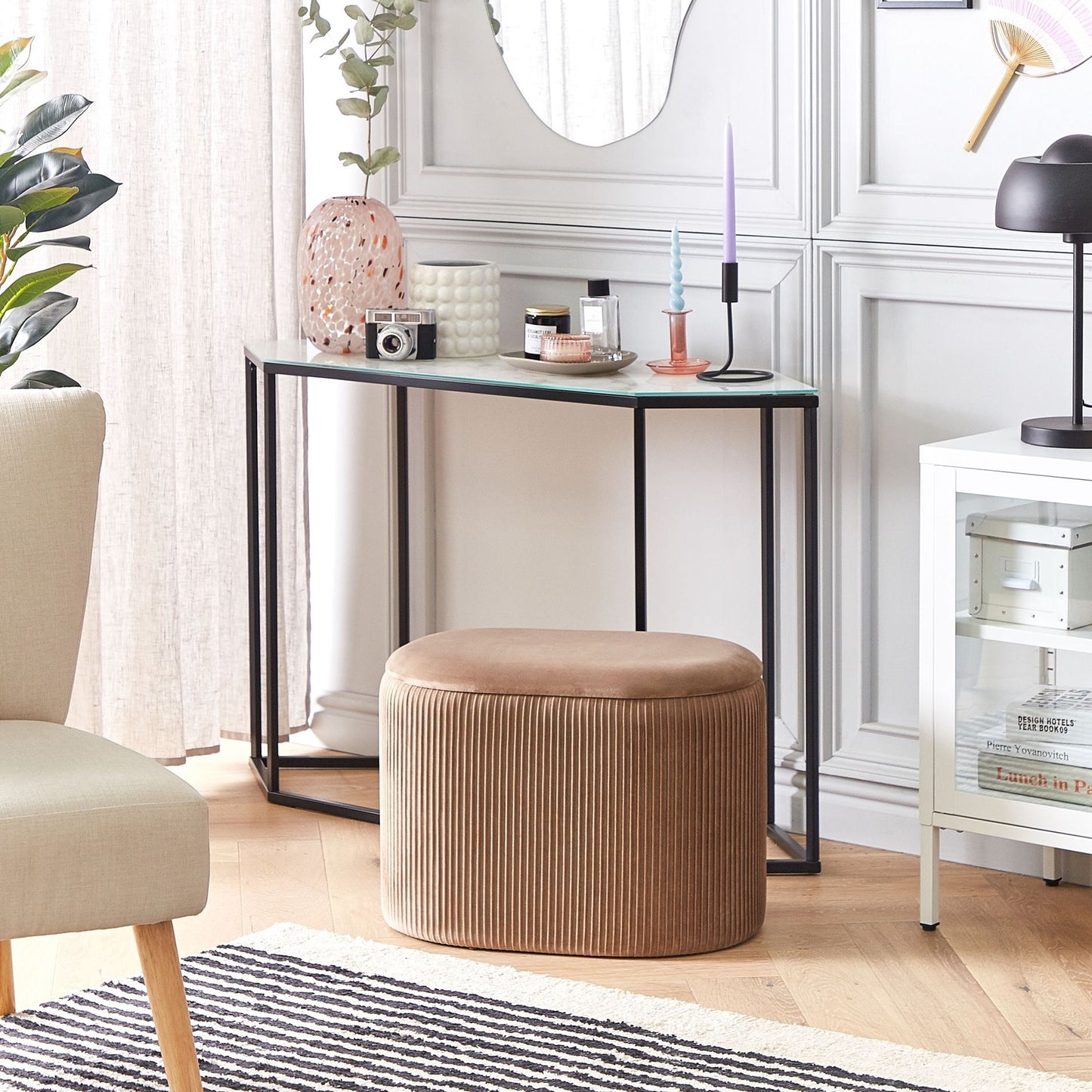 Velvet Glamour Pouffe Beige With Hidden Storage Footstool