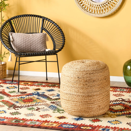 Pouf Round Ottoman Beige Jute 46cm EPS Beads Fill