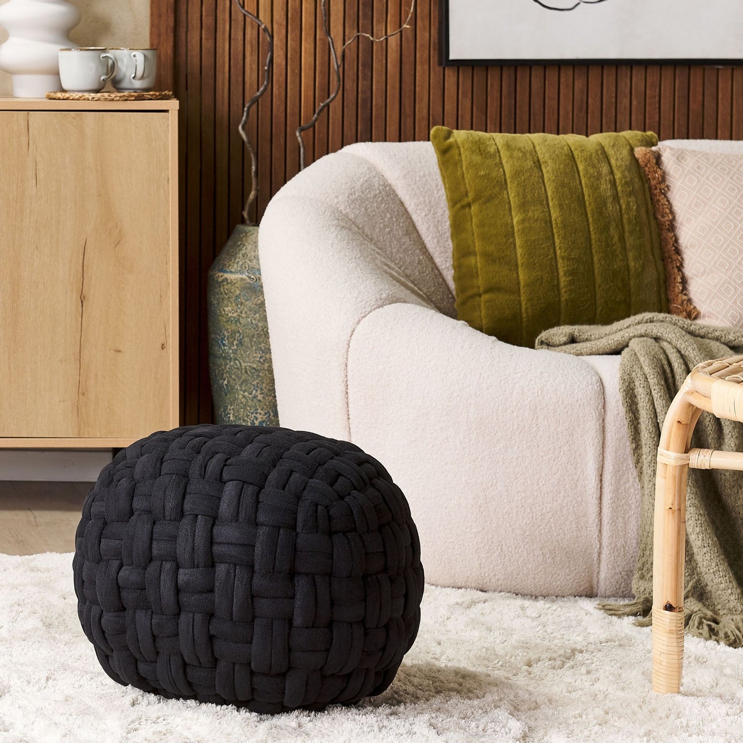 Velvet Pouffe Black Basket Weave 45 x 35cm Ottoman