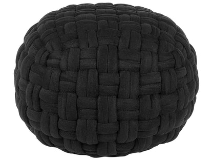 Velvet Pouffe Black Basket Weave 45 x 35cm Ottoman