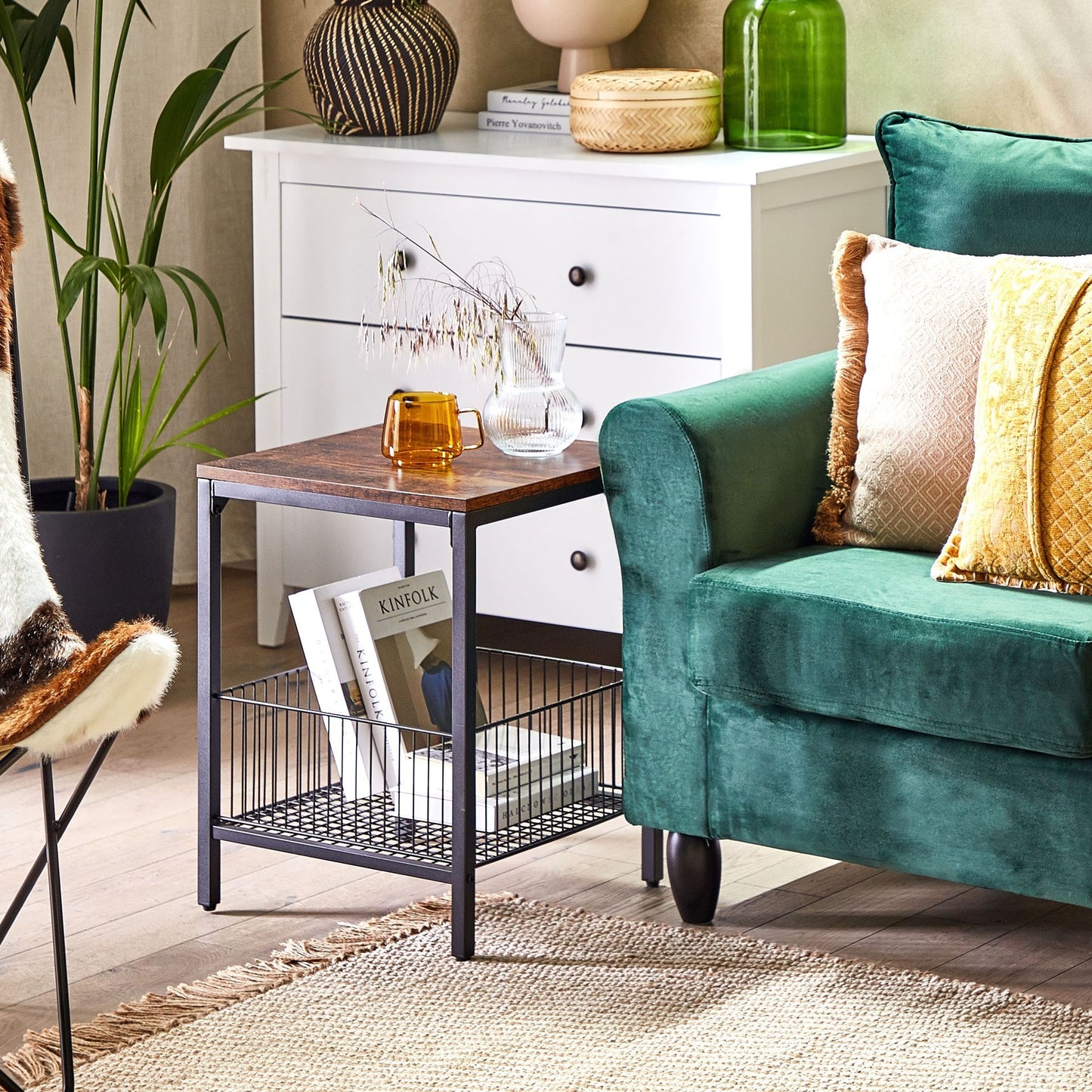 Industrial Side Table Dark Brown 40 x 40cm Iron Mesh Basket