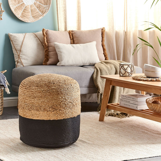 Pouf Ottoman Black Jute Beads 46cm Boho Round