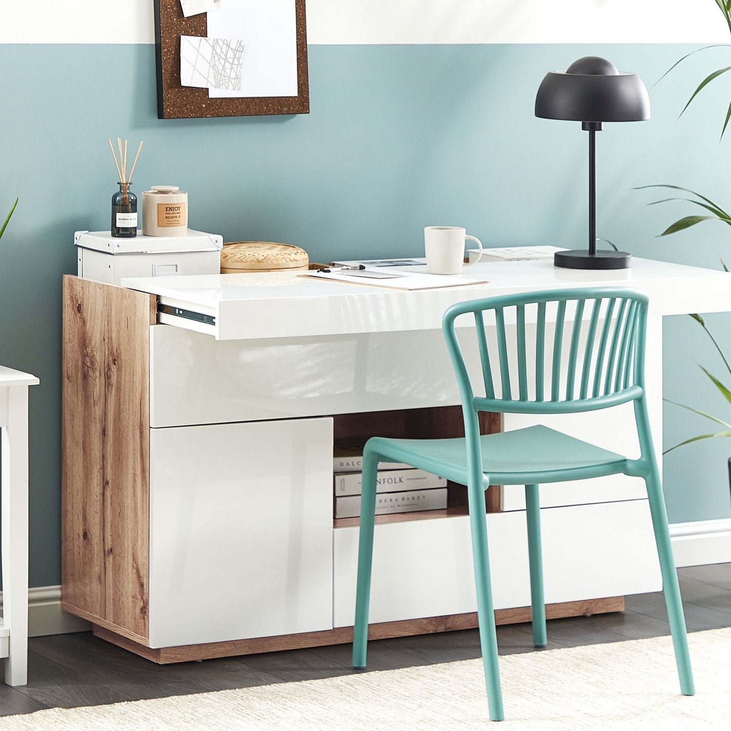 NordicNest Sideboard And Desk White With Light Wood Veneer 2 In 1 With Drawers With Storage Cabinets