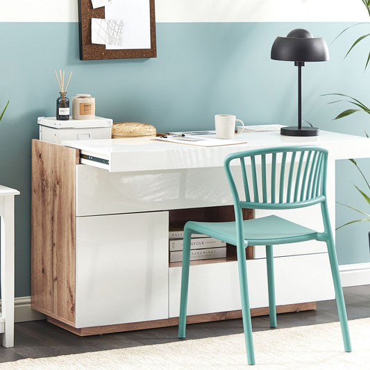 NordicNest Sideboard And Desk White With Light Wood Veneer 2 In 1 With Drawers With Storage Cabinets