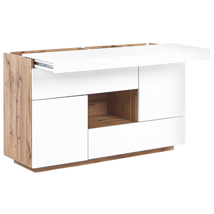 NordicNest Sideboard And Desk White With Light Wood Veneer 2 In 1 With Drawers With Storage Cabinets