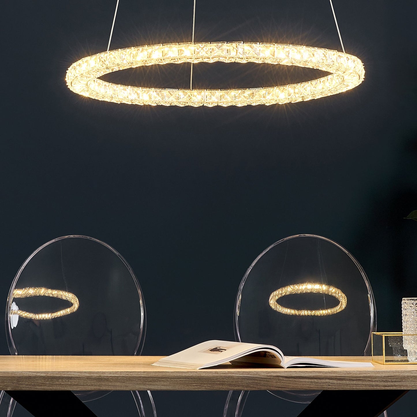 Pendant Lamp Ring Crystal LED Silver Glass Glamour