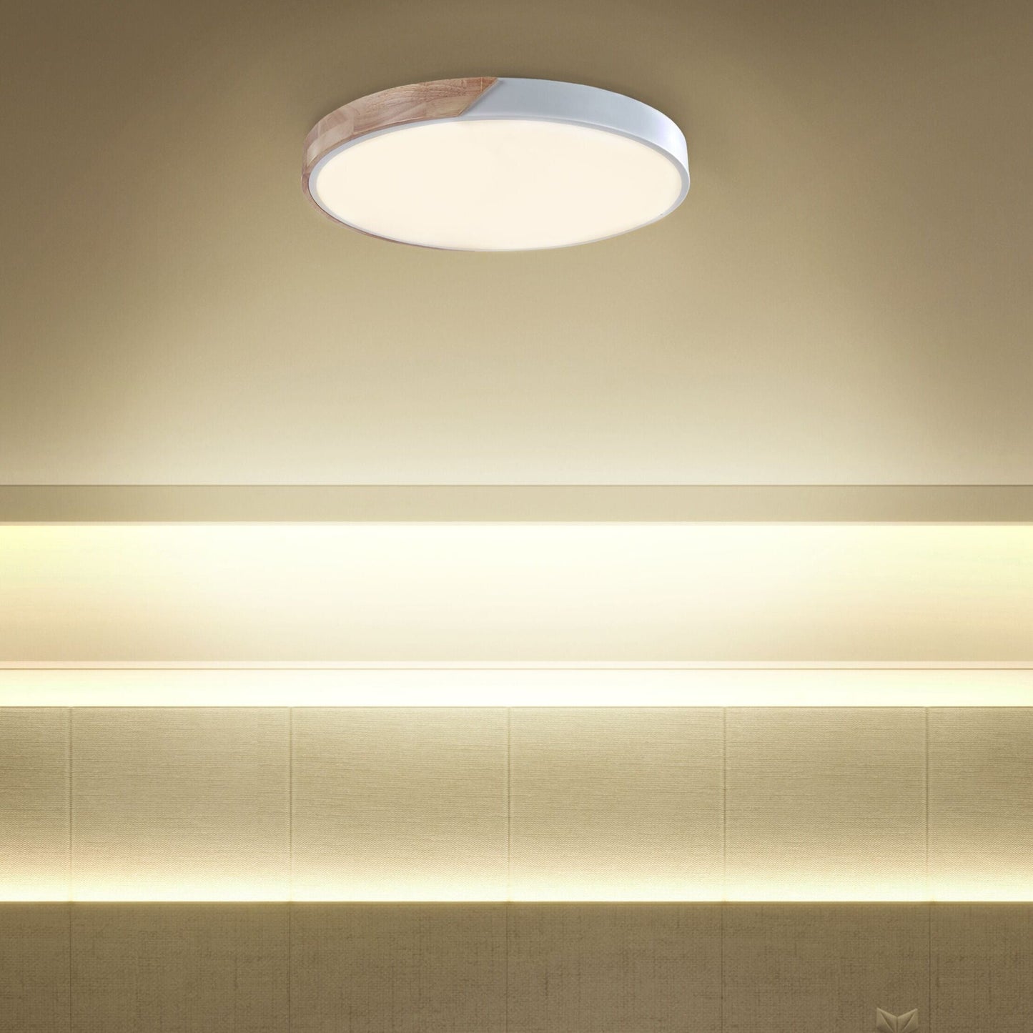 White Ceiling Lamp With Light Wood Accent And Integrated LED