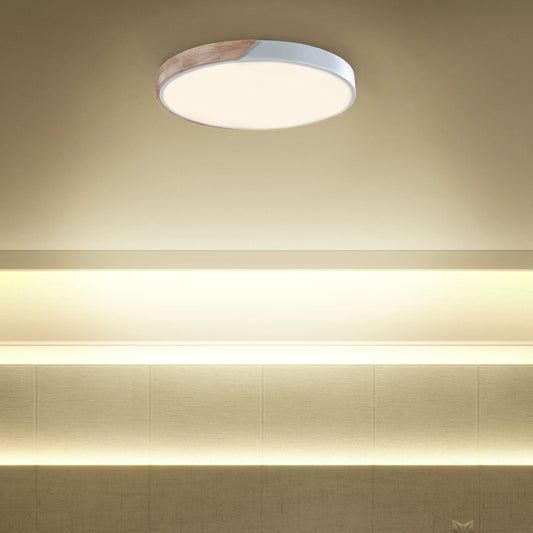 White Ceiling Lamp With Light Wood Accent And Integrated LED