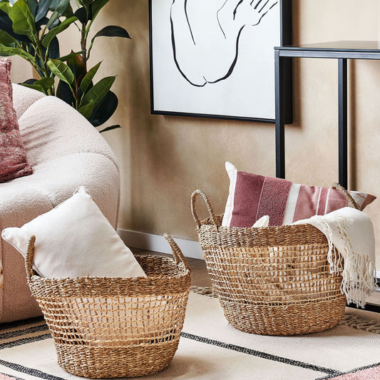 Seagrass Home Set Of 2 Baskets Natural With Handles Boho Style