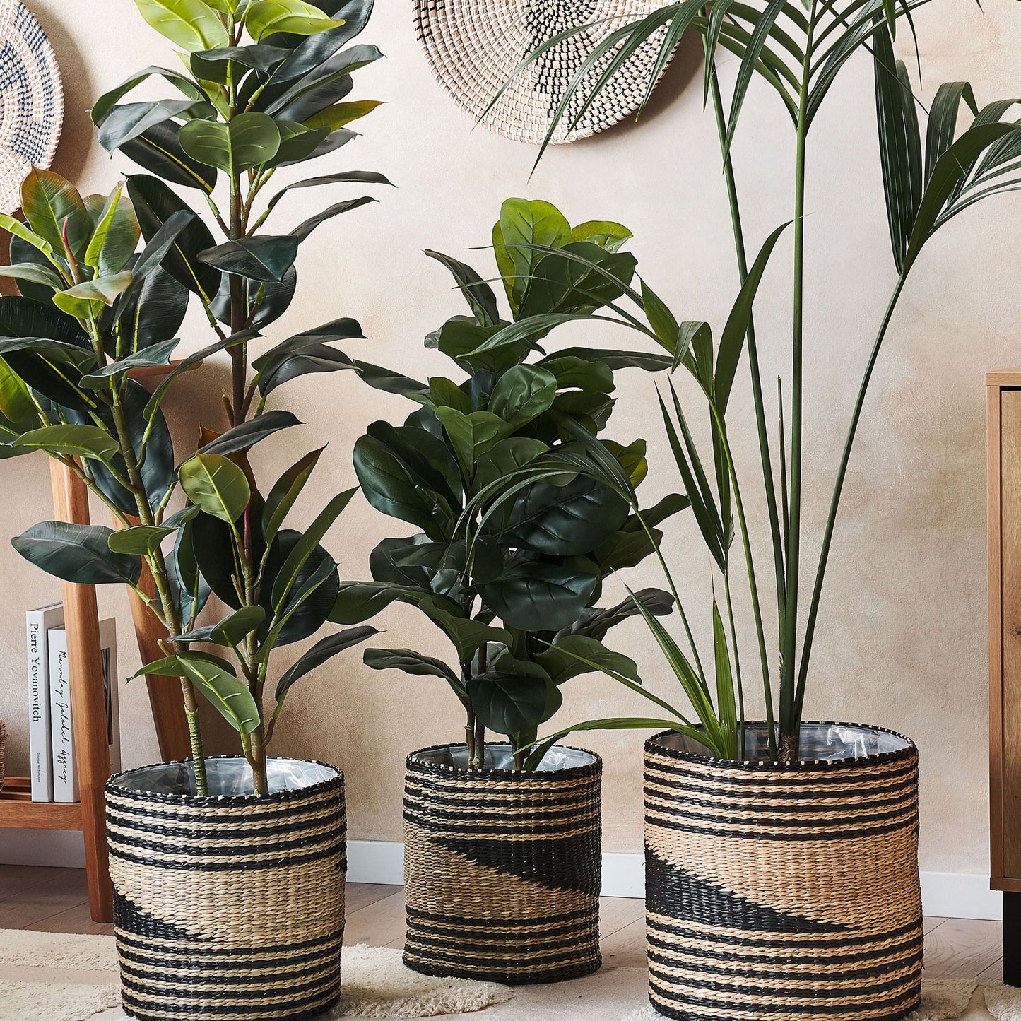 Boho Seagrass Plant Basket Set of 3 With Linings