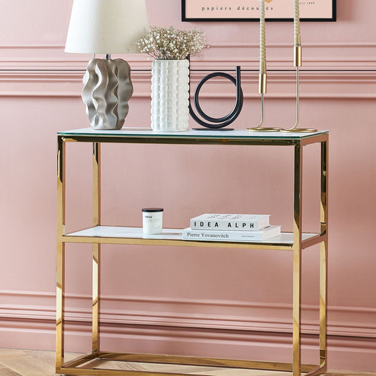 Console Table White With Gold Tempered Glass And Stainless Steel Frame 80 X 30cm