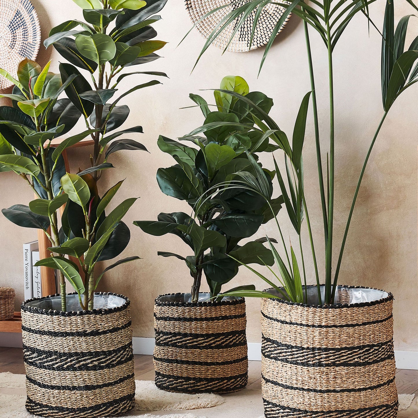 Seagrass Plant Basket Set Of 3 Lined Indoor Planter Pots Natural Finish Elegant