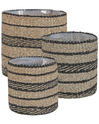 Seagrass Plant Basket Set Of 3 Lined Indoor Planter Pots Natural Finish Elegant