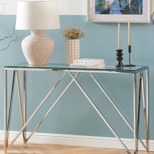Console Table Silver Tempered Glass Stainless Steel 120 x 40cm Rectangular Modern