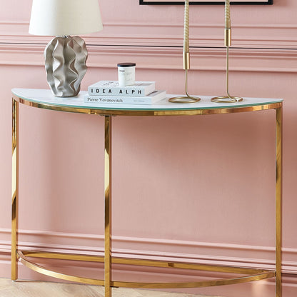 Console Table White Gold Tempered Glass Half Moon