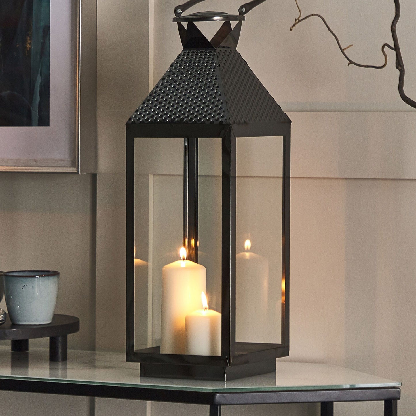 Black Stainless Steel Lantern 54cm Pillar Candle Holder