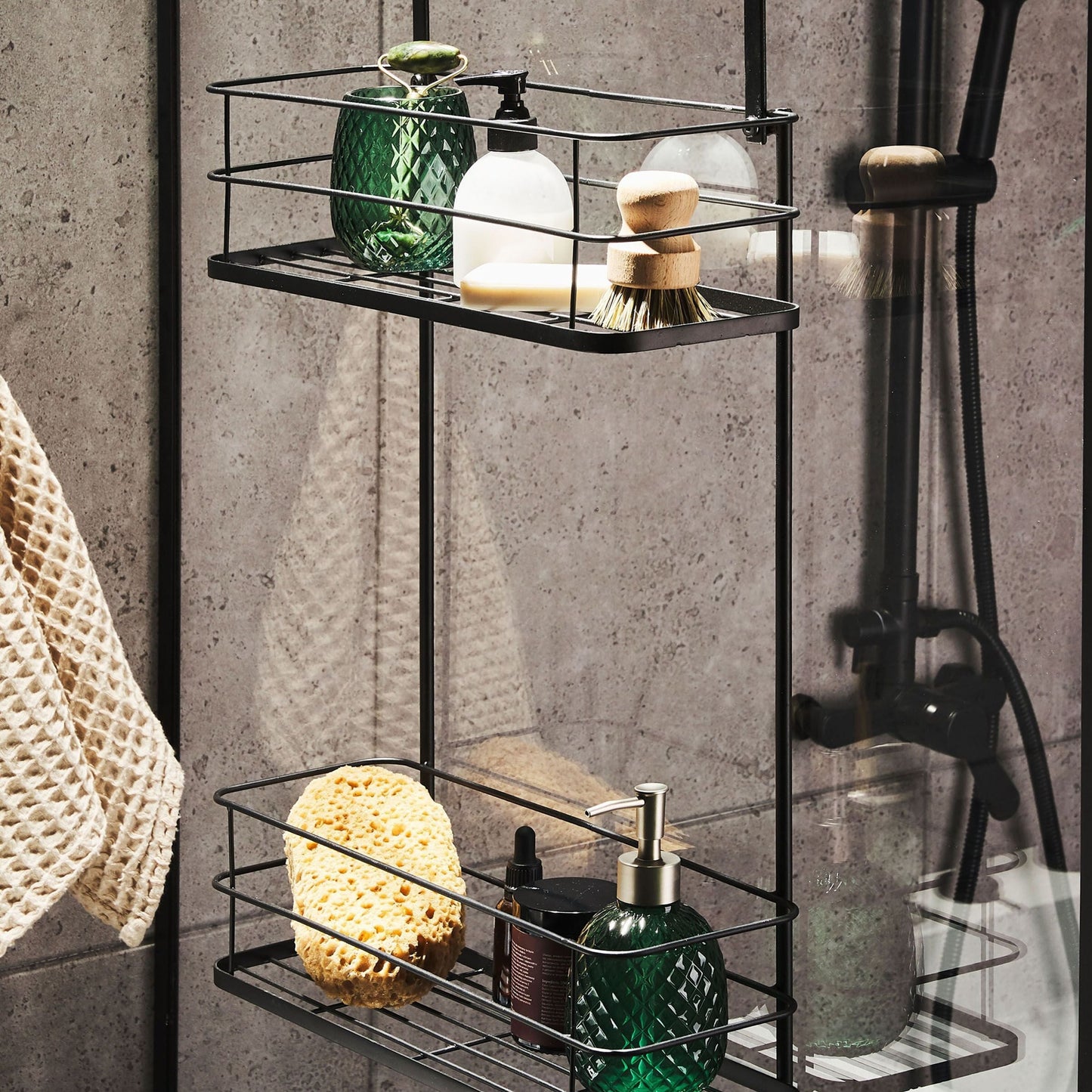 Hanging Shower Caddy Black Metal Bath Shelf With Two Baskets
