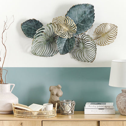 Gold Teal Iron Wall Sculpture 88 x 55cm Leaves Nature Inspired Boho Modern Decor