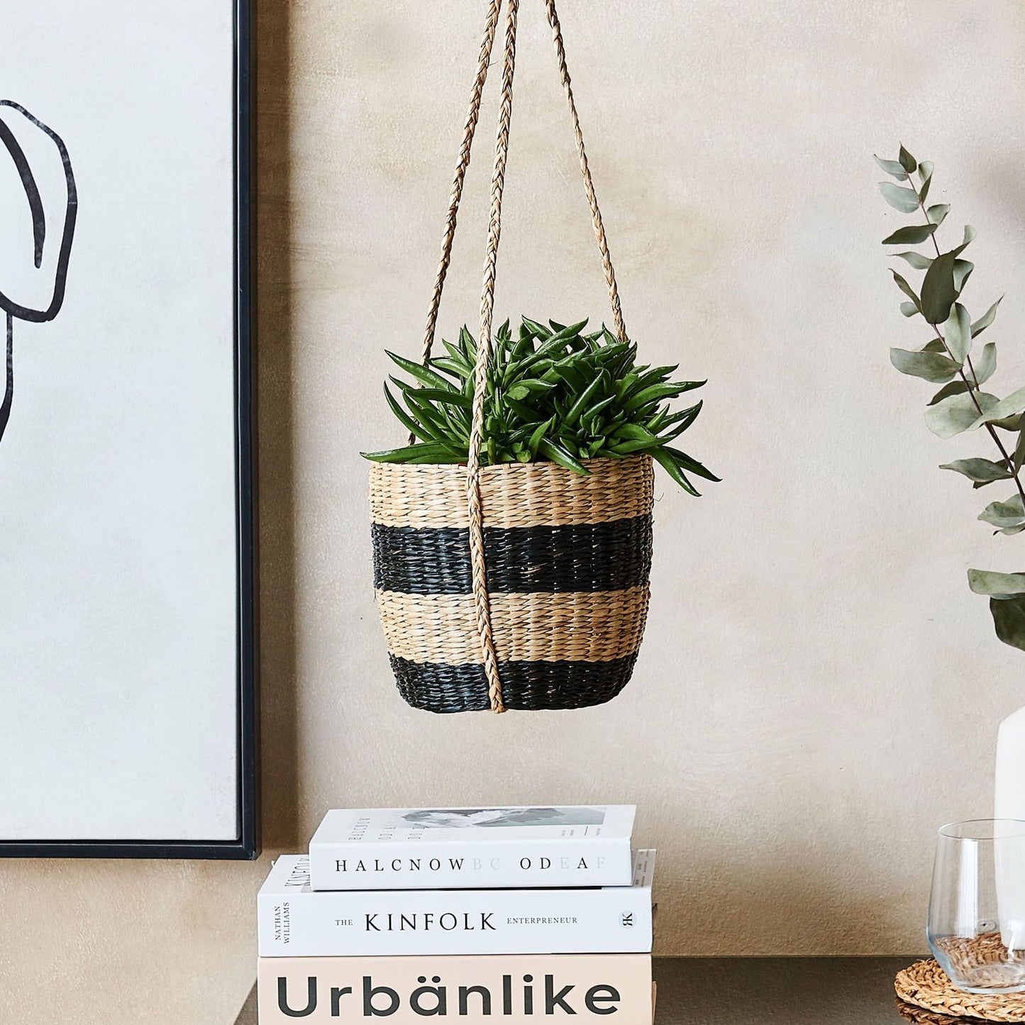 Hanging Plant Pot With Black Seagrass 64cm Boho