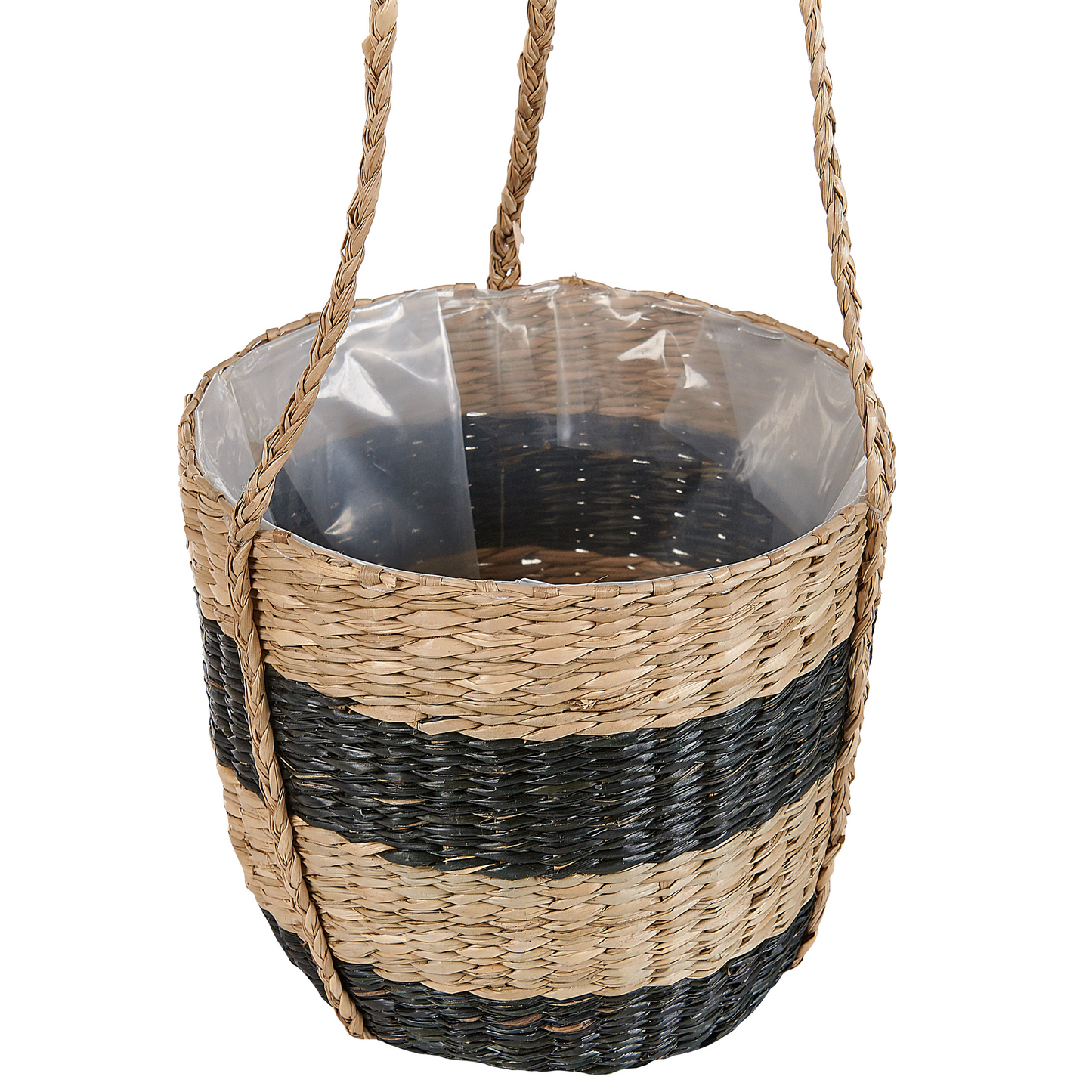 Hanging Plant Pot With Black Seagrass 64cm Boho