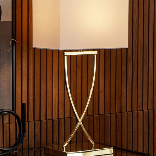 Table Lamp Gold Metal Polycotton Shade Rectangular 62cm
