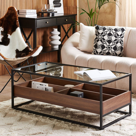 Coffee Table Dark Brown With Black Glass Top 110 x 55cm