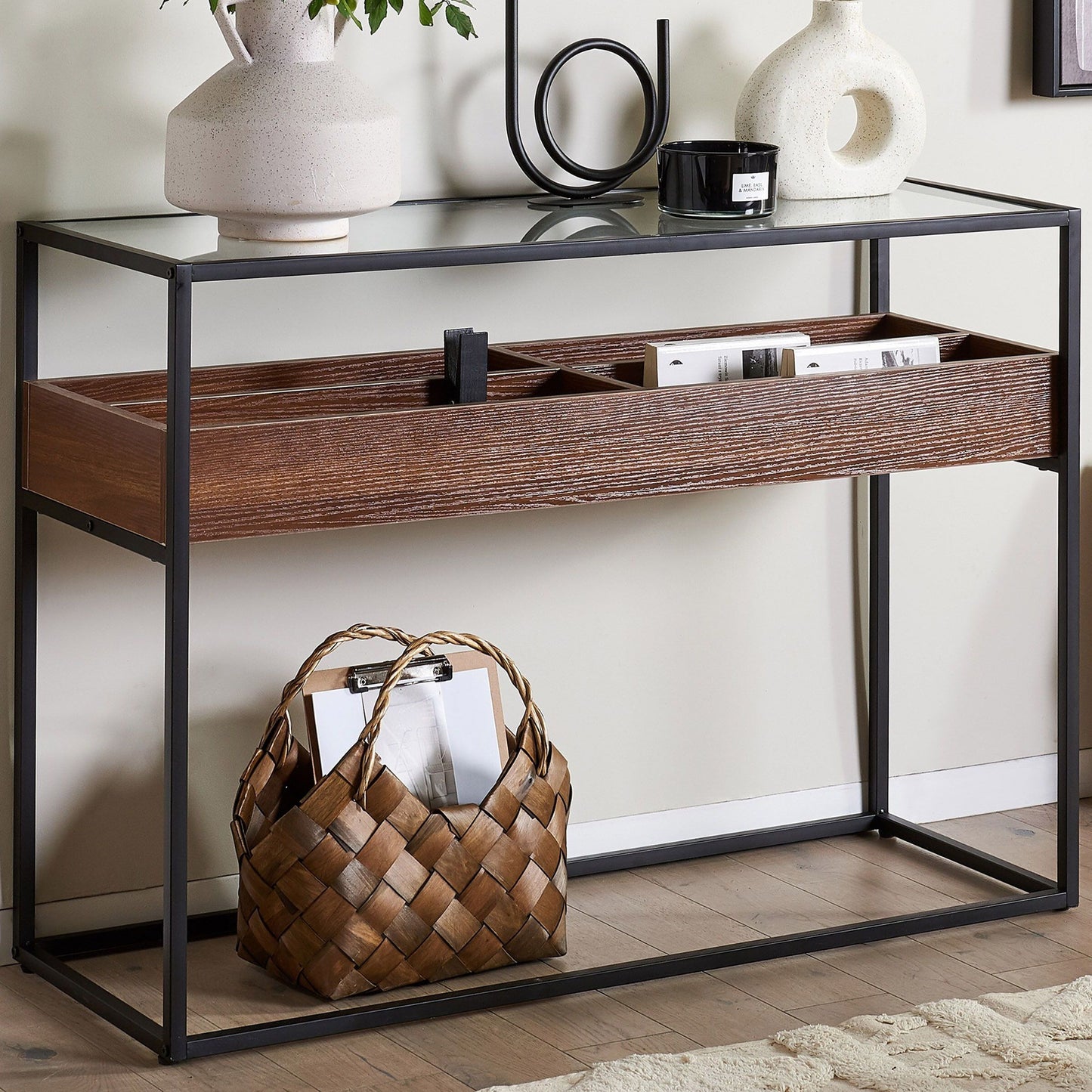 Console Dark Brown Glass Top 110 x 40cm Metal Frame Storage