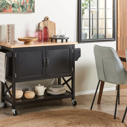 ScandiHome Kitchen Trolley Black MDF Light Wood Top Storage Cabinet