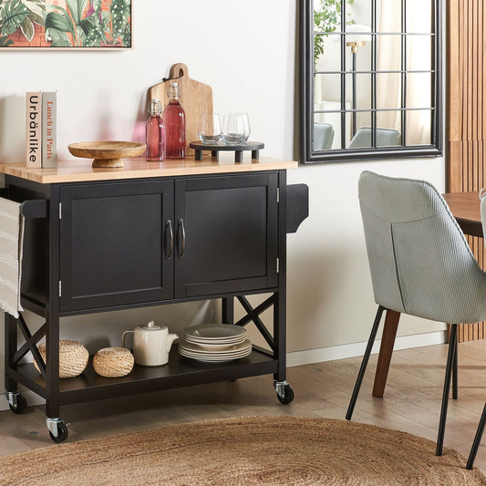 ScandiHome Kitchen Trolley Black MDF Light Wood Top Storage Cabinet