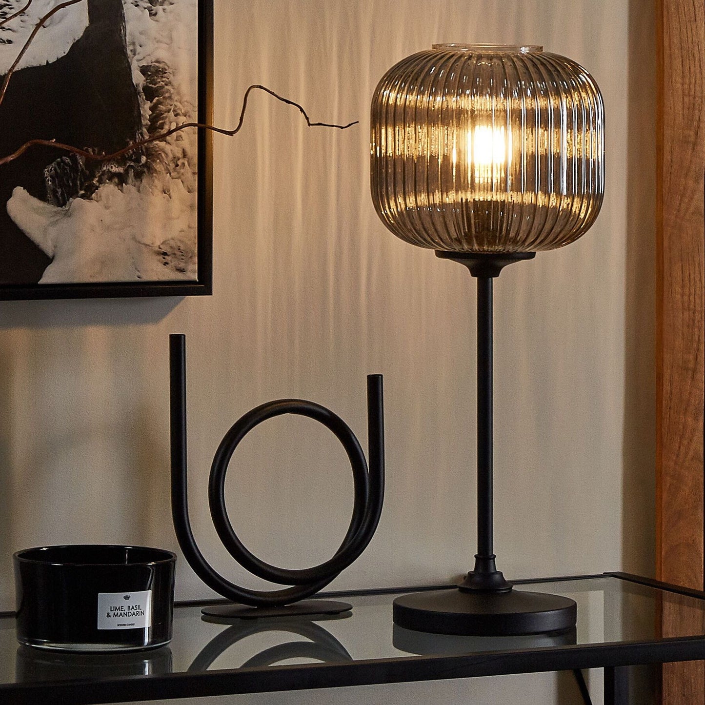 Table Lamp Smoke Glass Globe 50cm Black Iron Base Retro Bedside Light