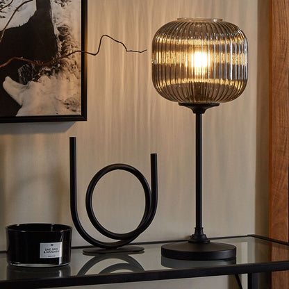 Table Lamp Smoke Glass Globe 50cm Black Iron Base Retro Bedside Light