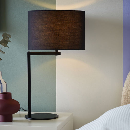 Black Iron Table Lamp 49cm Drum Shade Modern Bedside Light