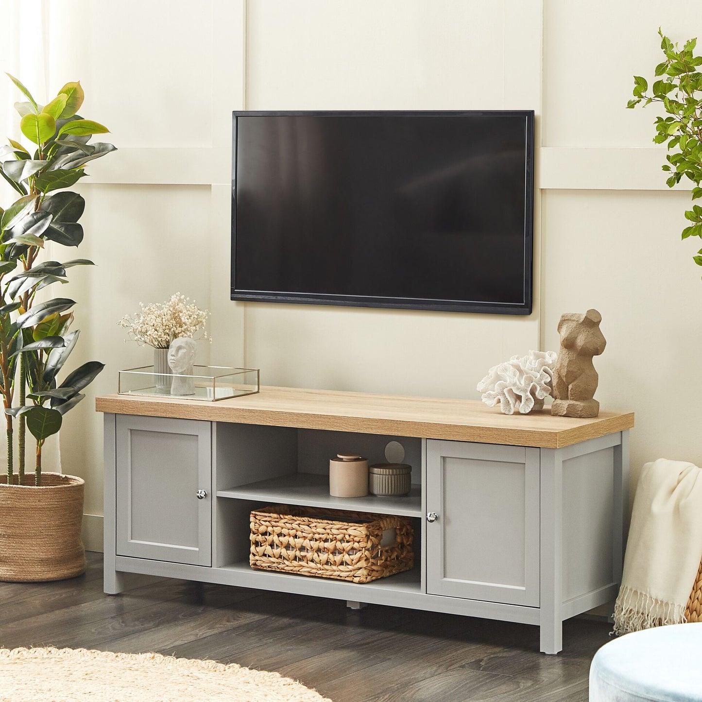 TV Stand 130cm Grey And Light Wood With Cable Management And Doors Storage Shelves Modern Style
