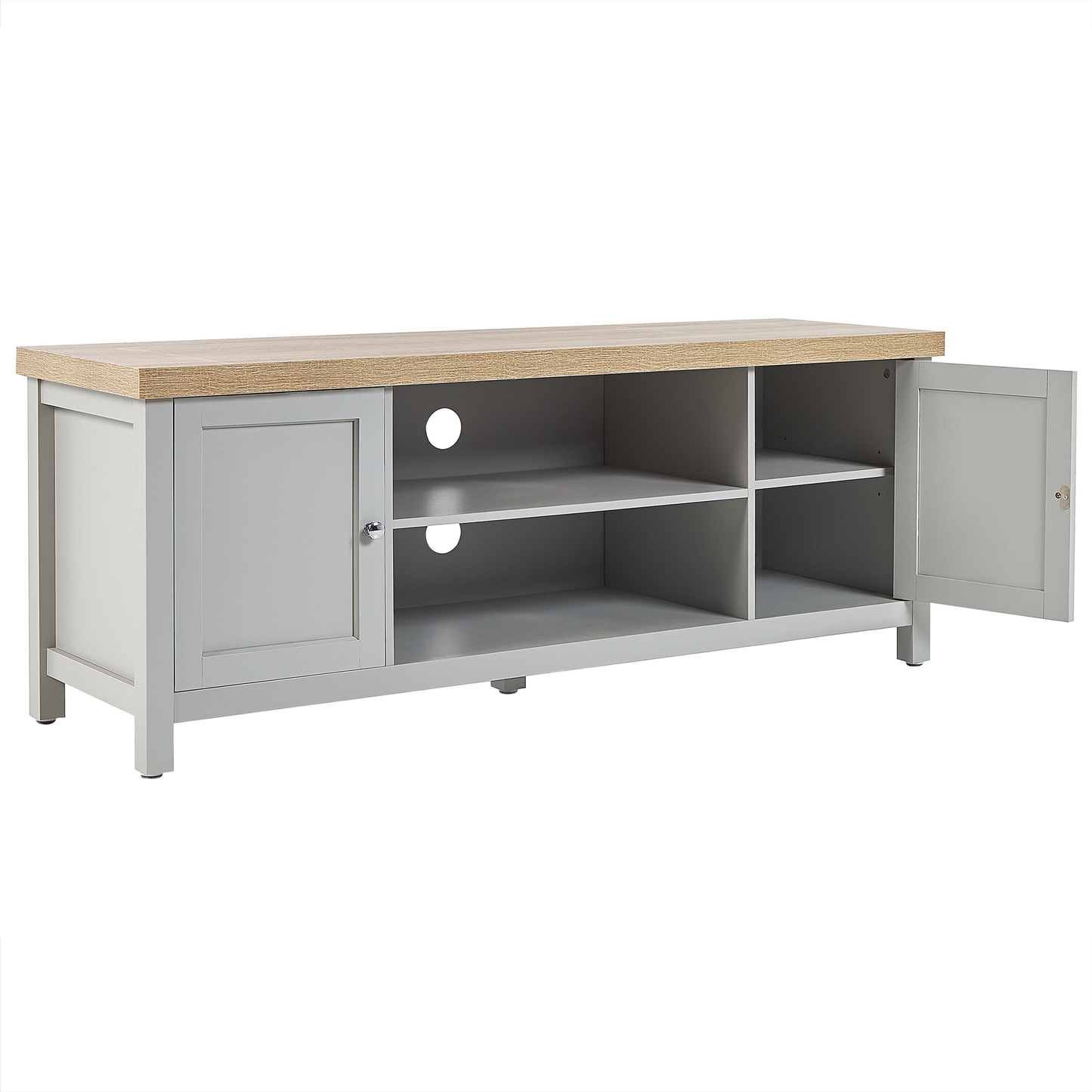 TV Stand 130cm Grey And Light Wood With Cable Management And Doors Storage Shelves Modern Style