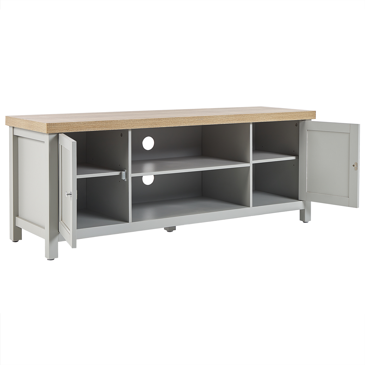 TV Stand 130cm Grey And Light Wood With Cable Management And Doors Storage Shelves Modern Style