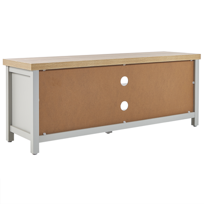 TV Stand 130cm Grey And Light Wood With Cable Management And Doors Storage Shelves Modern Style